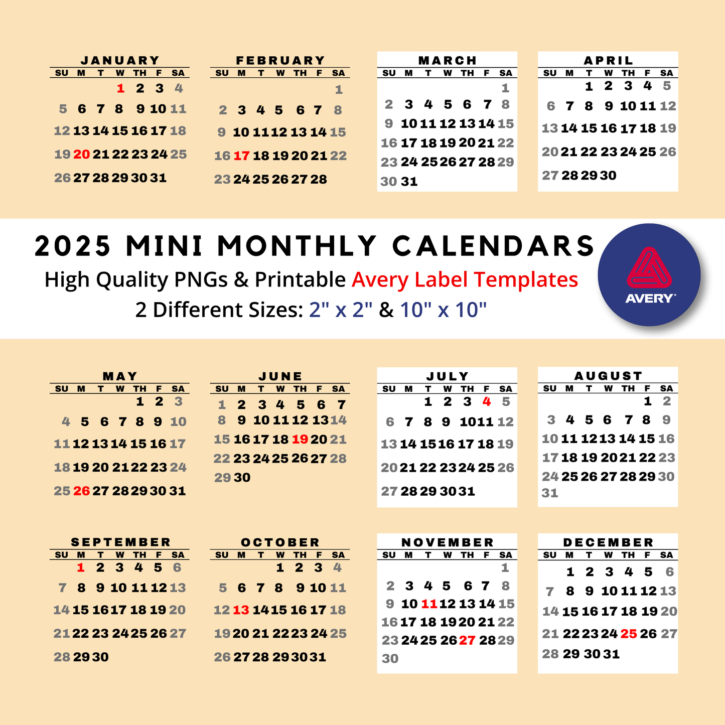 2025 Mini Desk Calendar, Printable Calendar Stickers, Instant Download, PDF & PNG