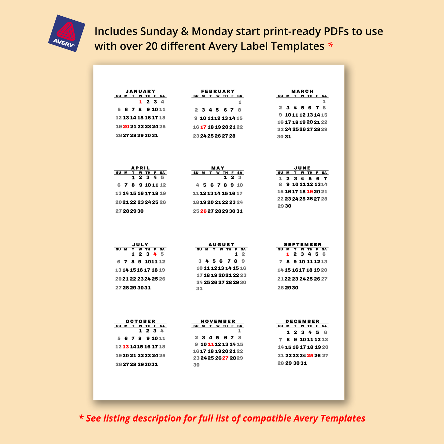 2025 Mini Desk Calendar, Printable Calendar Stickers, Instant Download, PDF & PNG