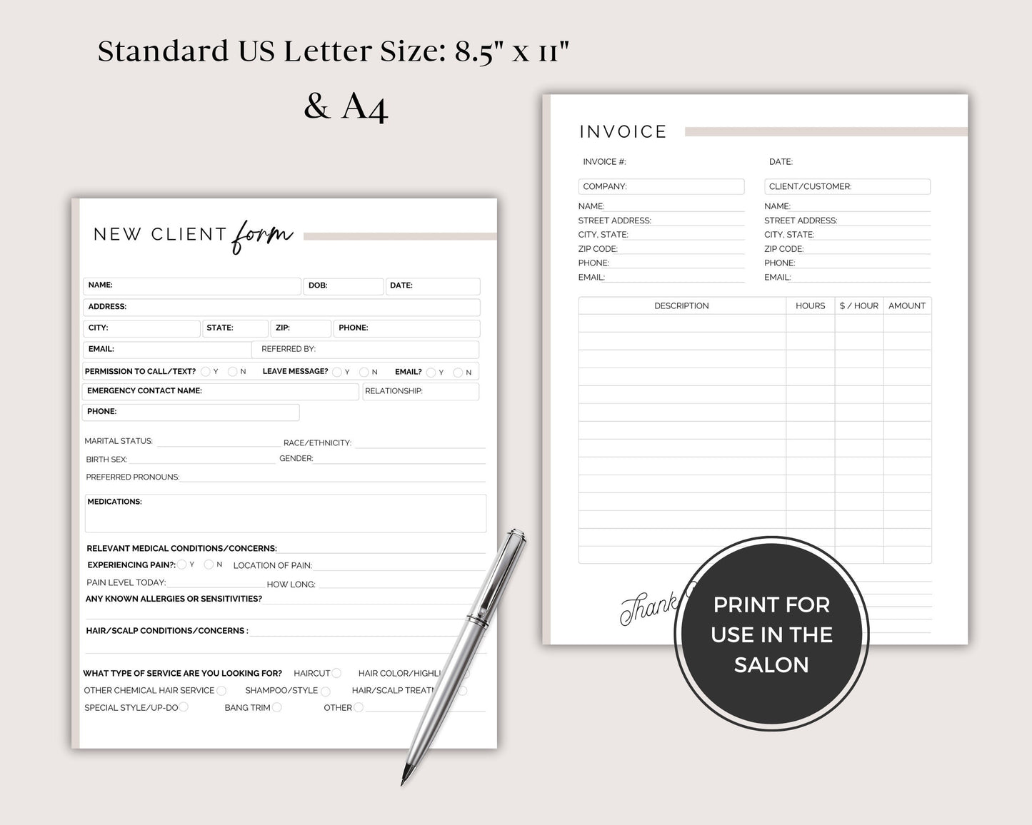 Editable Hair Stylist Client Forms, Hair Color Consultation Form, Salon Policies, Menu Price List Template, Fully Customizable in Canva