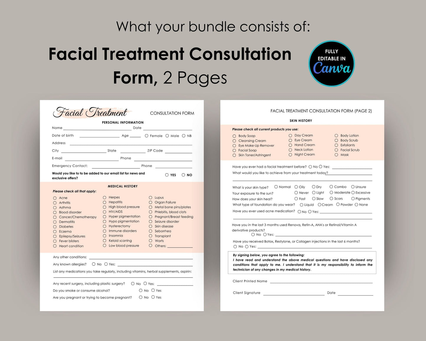 Esthetician Client Consent Form Bundle, Canva Template