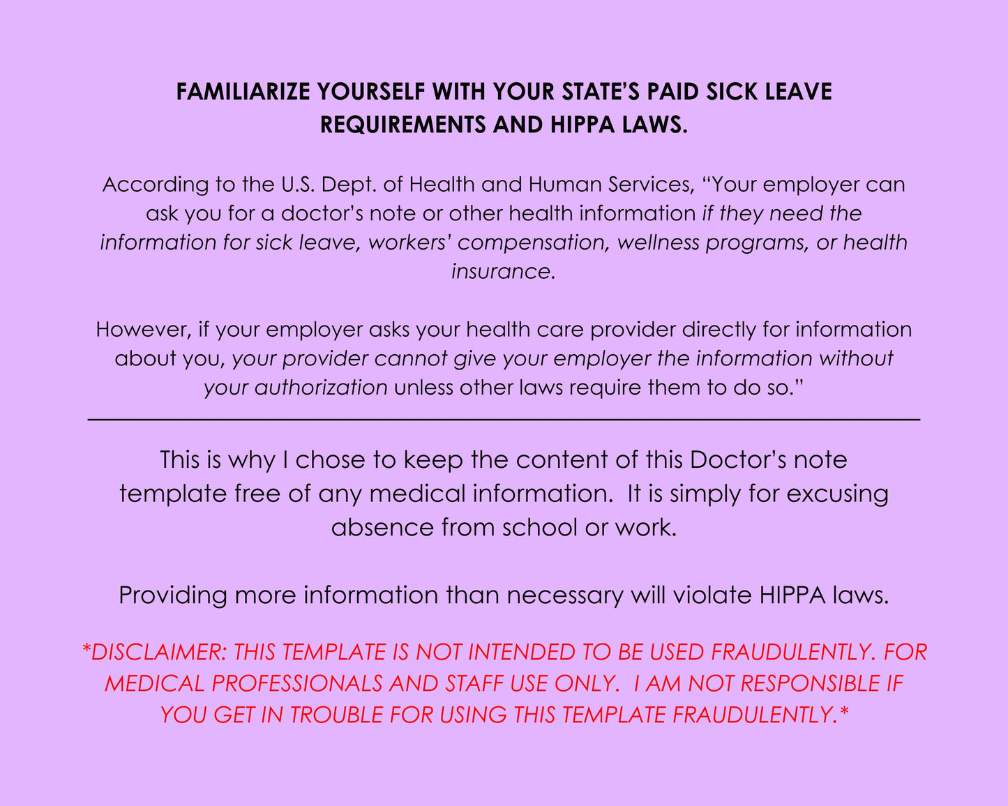 Doctor's Excuse Template, Medical Excuse Note, Drs Note to Return to School or Work, Fillable PDF