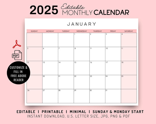 2025 Editable Monthly Calendar, Colorful