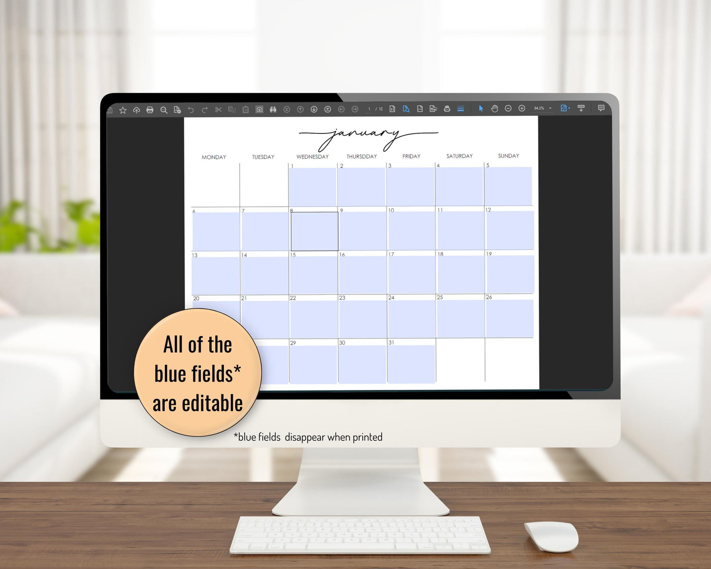 2025 Editable Monthly Calendar w/ Script Font, Colorful