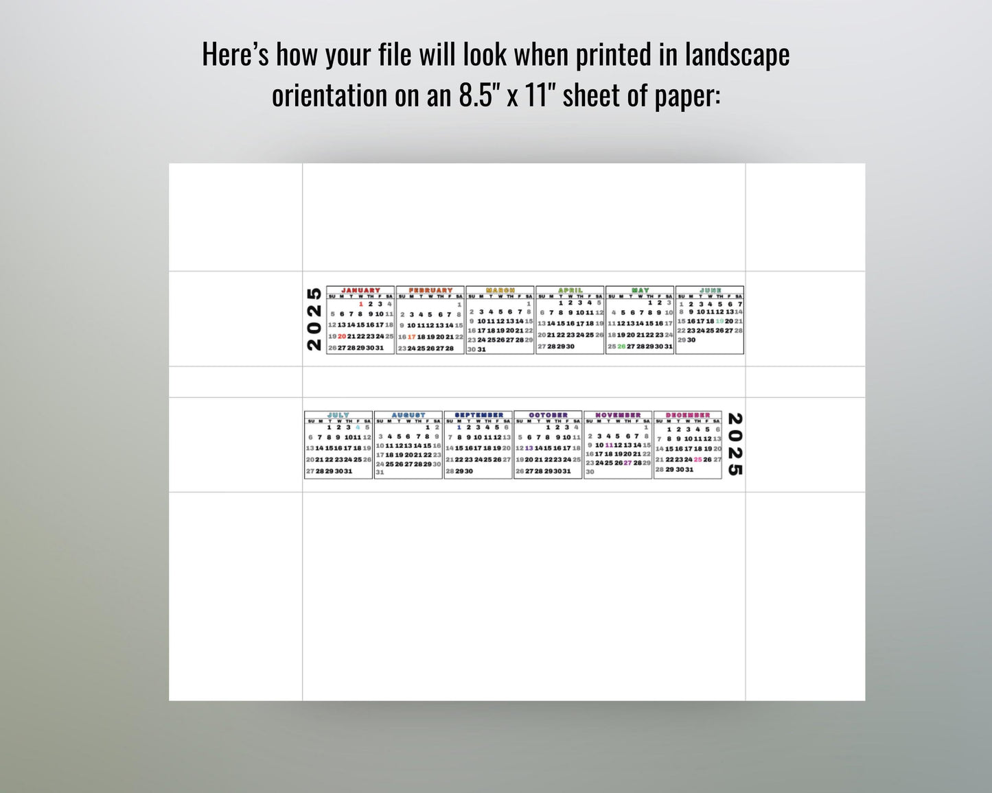 Desktop Calendar Strip, 2025 Mini Calendar, Printable Keyboard Calendar, Miniature Calendar, RAINBOW, Digital Download, Sun & Mon Start