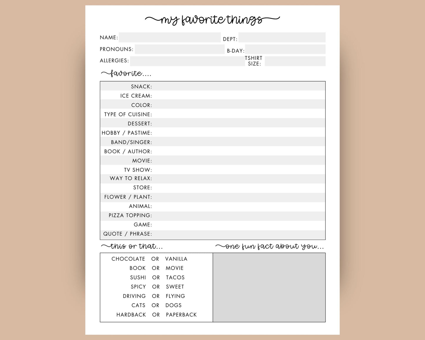Team Building: Getting to Know You Questionnaire, Printable Download