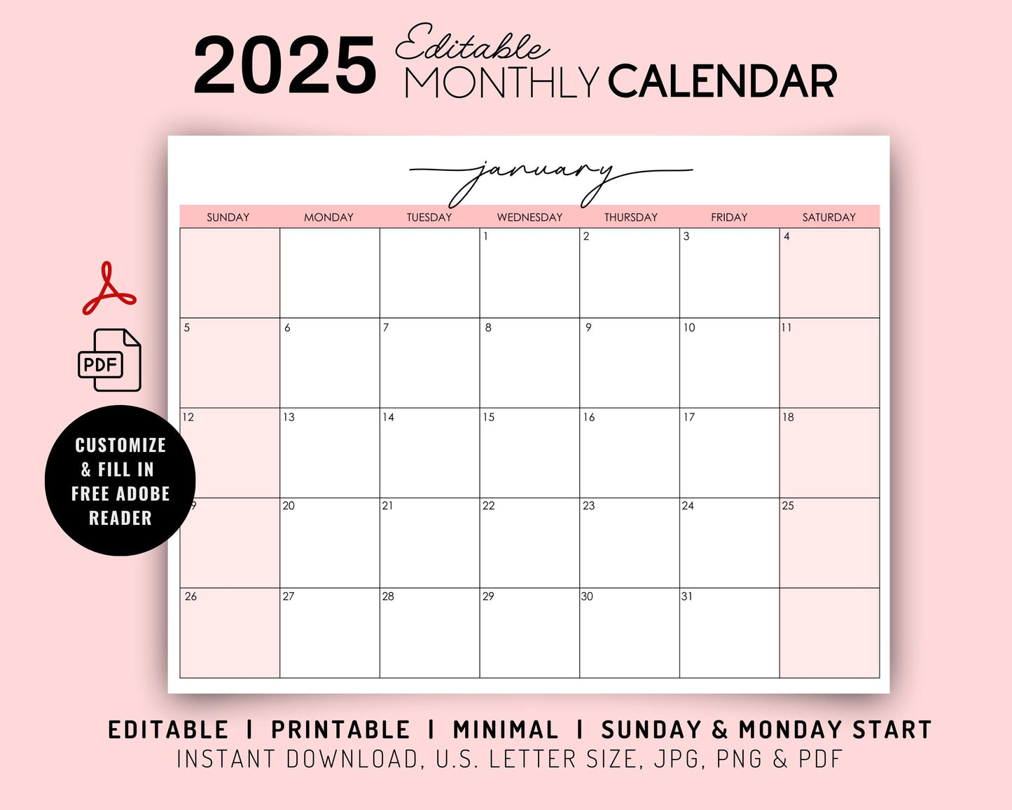 2025 Editable Monthly Calendar w/ Script Font, Colorful