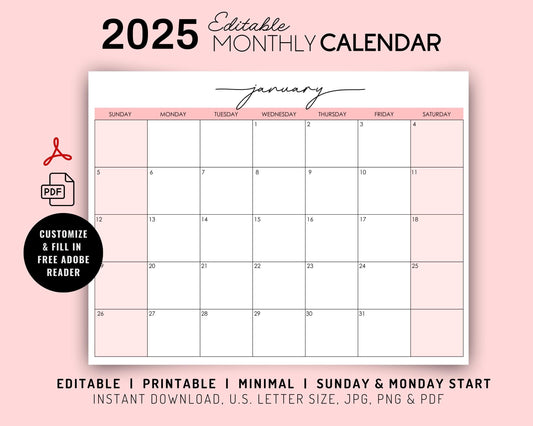2025 Editable Monthly Calendar w/ Script Font, Colorful
