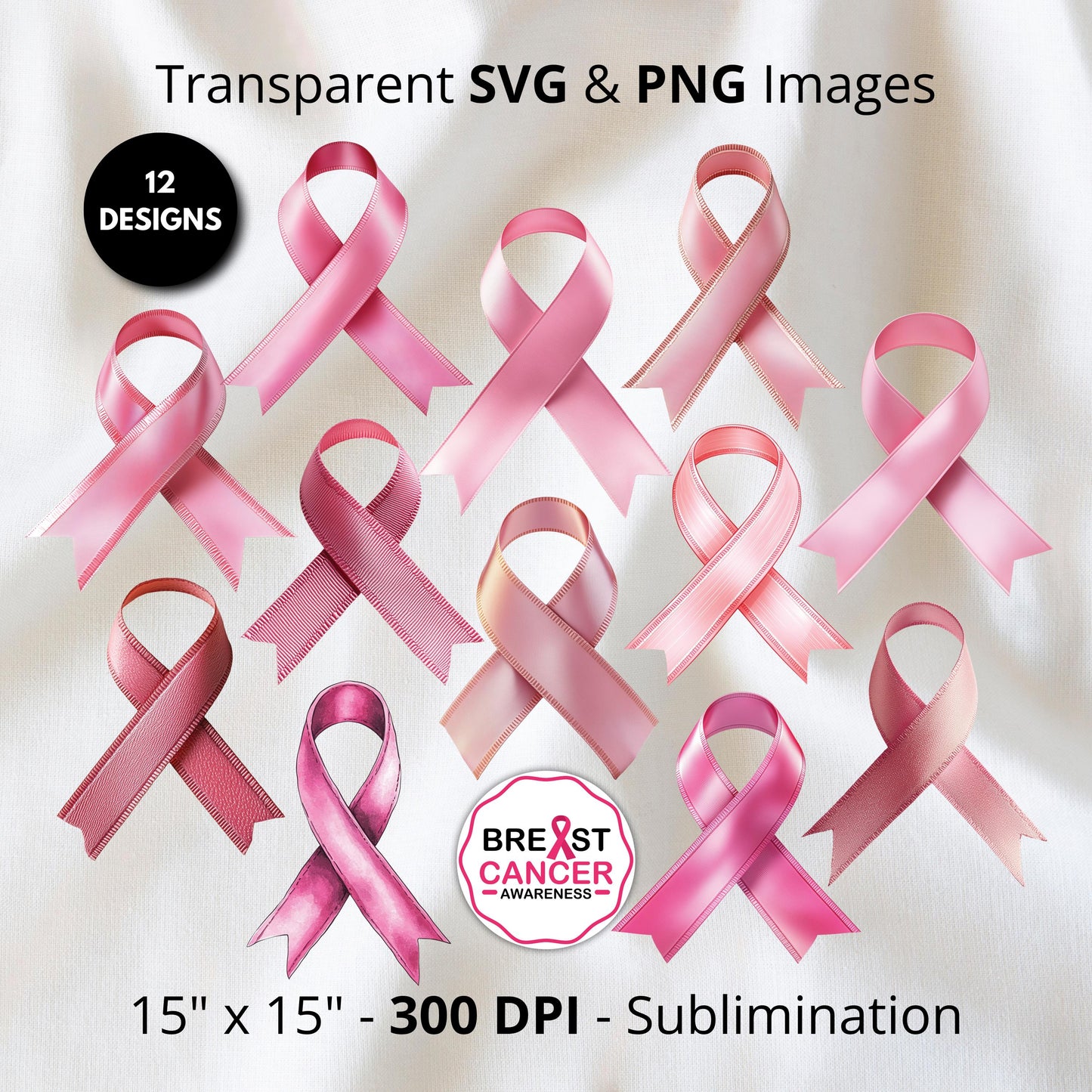 Breast Cancer Ribbon Vector Clipart Bundle, Pink Ribbon SVG & PNG, Free for Commercial Use, Digital Download