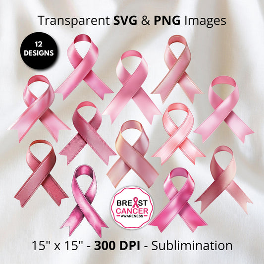 Breast Cancer Ribbon Vector Clipart Bundle, Pink Ribbon SVG & PNG, Free for Commercial Use, Digital Download