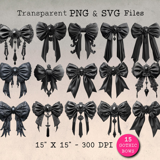 Black Coquette Bow PNG & SVG Clipart Bundle, 15 Unique Gothic, Faux Leather Bow Images, Free for Commercial Use, Instant Download