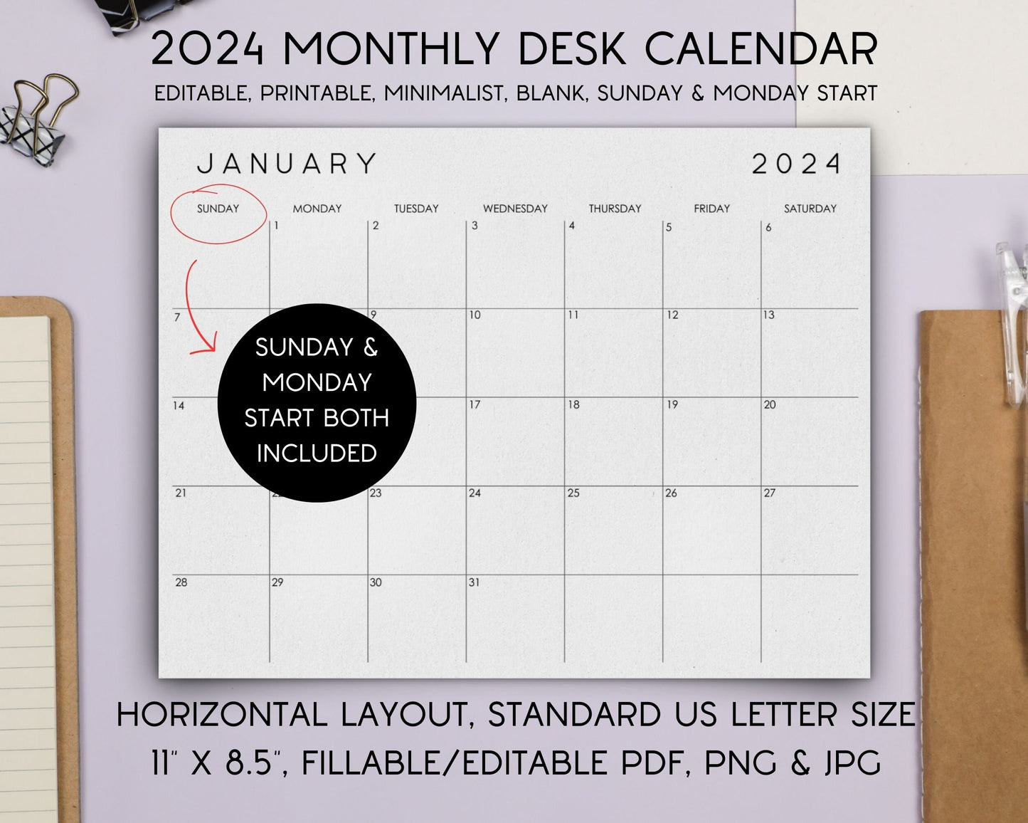 2024 Monthly Desk Calendar, Fillable & Printable Calendar Template, Minimalist Monthly Planner Insert, Digital Download