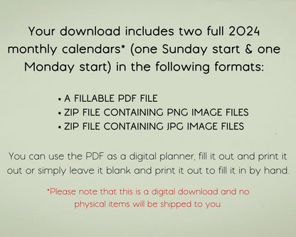 2024 Monthly Desk Calendar, Fillable & Printable Calendar Template, Minimalist Monthly Planner Insert, Digital Download