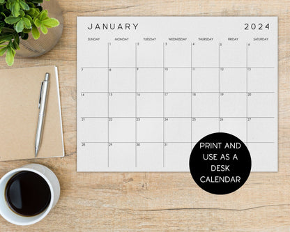 2024 Monthly Desk Calendar, Fillable & Printable Calendar Template, Minimalist Monthly Planner Insert, Digital Download