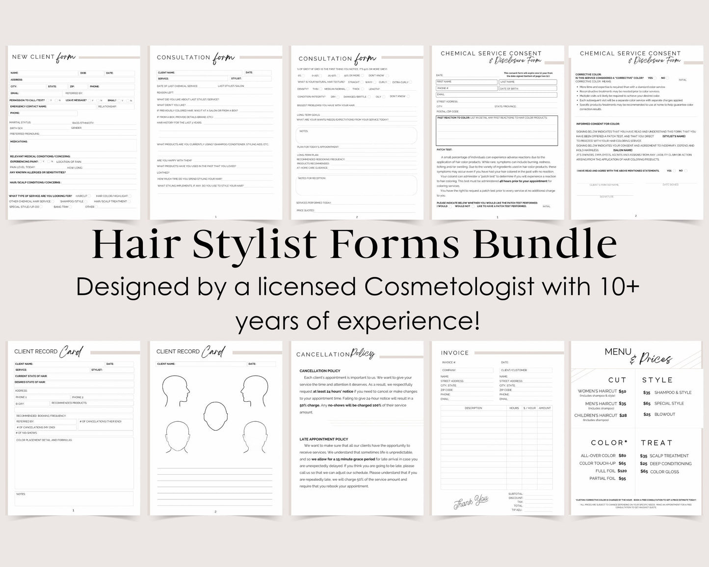 Editable Hair Stylist Client Forms, Hair Color Consultation Form, Salon Policies, Menu Price List Template, Fully Customizable in Canva