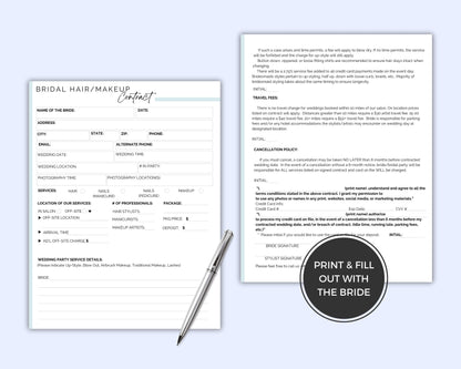 Bridal Hair and Makeup Contract Template, Printable and Fully Editable in Canva, Wedding Hair/Makeup Contract