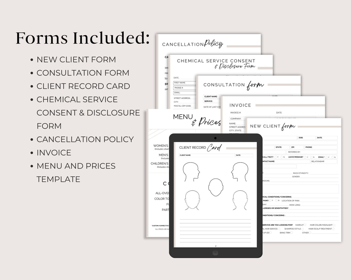 Editable Hair Stylist Client Forms, Hair Color Consultation Form, Salon Policies, Menu Price List Template, Fully Customizable in Canva