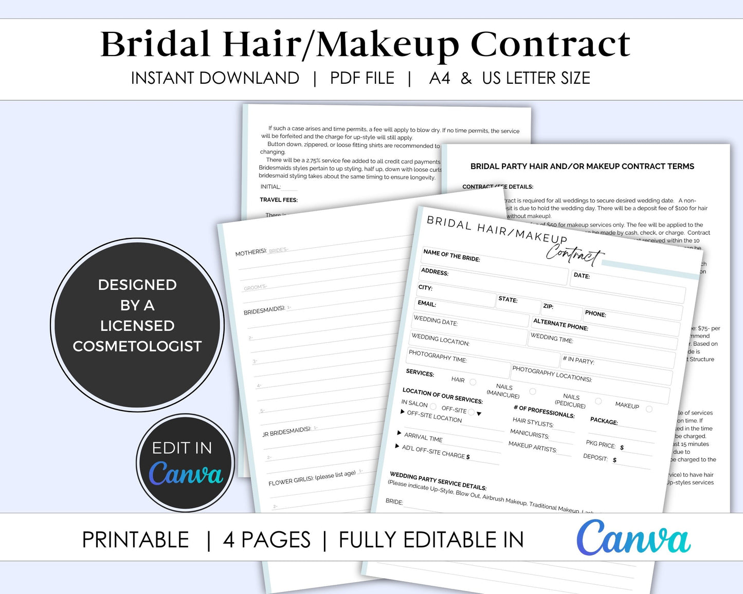 Bridal Hair and Makeup Contract Template, Printable and Fully Editable in Canva, Wedding Hair/Makeup Contract