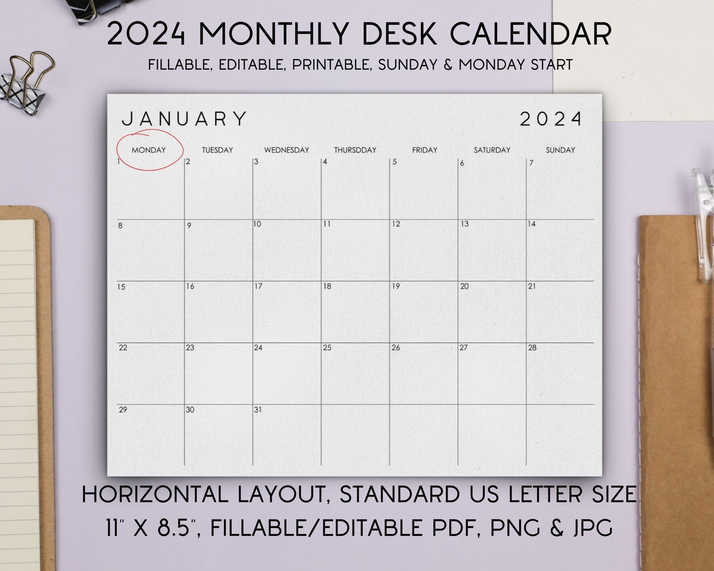 2024 Monthly Desk Calendar, Fillable & Printable Calendar Template, Minimalist Monthly Planner Insert, Digital Download