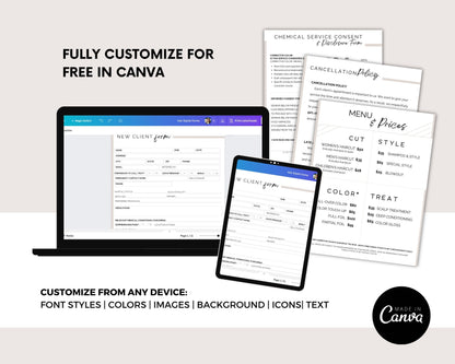 Editable Hair Stylist Client Forms, Hair Color Consultation Form, Salon Policies, Menu Price List Template, Fully Customizable in Canva