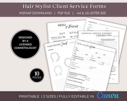 Editable Hair Stylist Client Forms, Hair Color Consultation Form, Salon Policies, Menu Price List Template, Fully Customizable in Canva