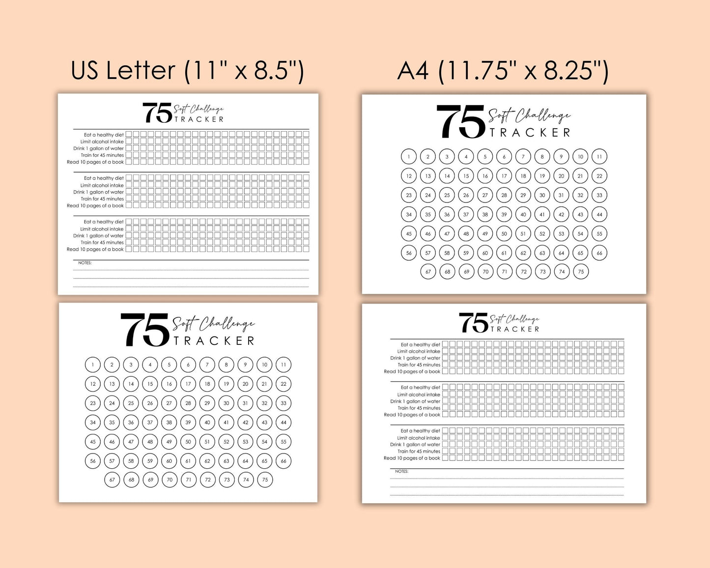 75 Soft Challenge Tracker, Printable Fitness Tracker, Workout Challenge, 75 Day Challenge