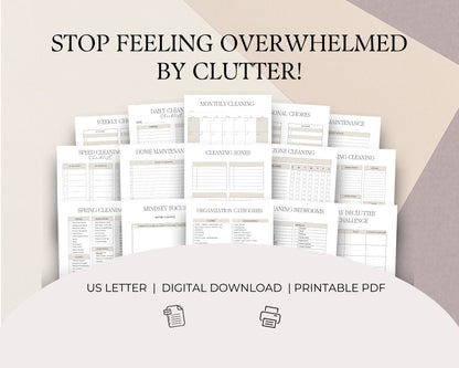 Printable Cleaning and Decluttering Planner, Declutter Challenge, Family Chores, Home Organization, Spring Cleaning Checklist Planner