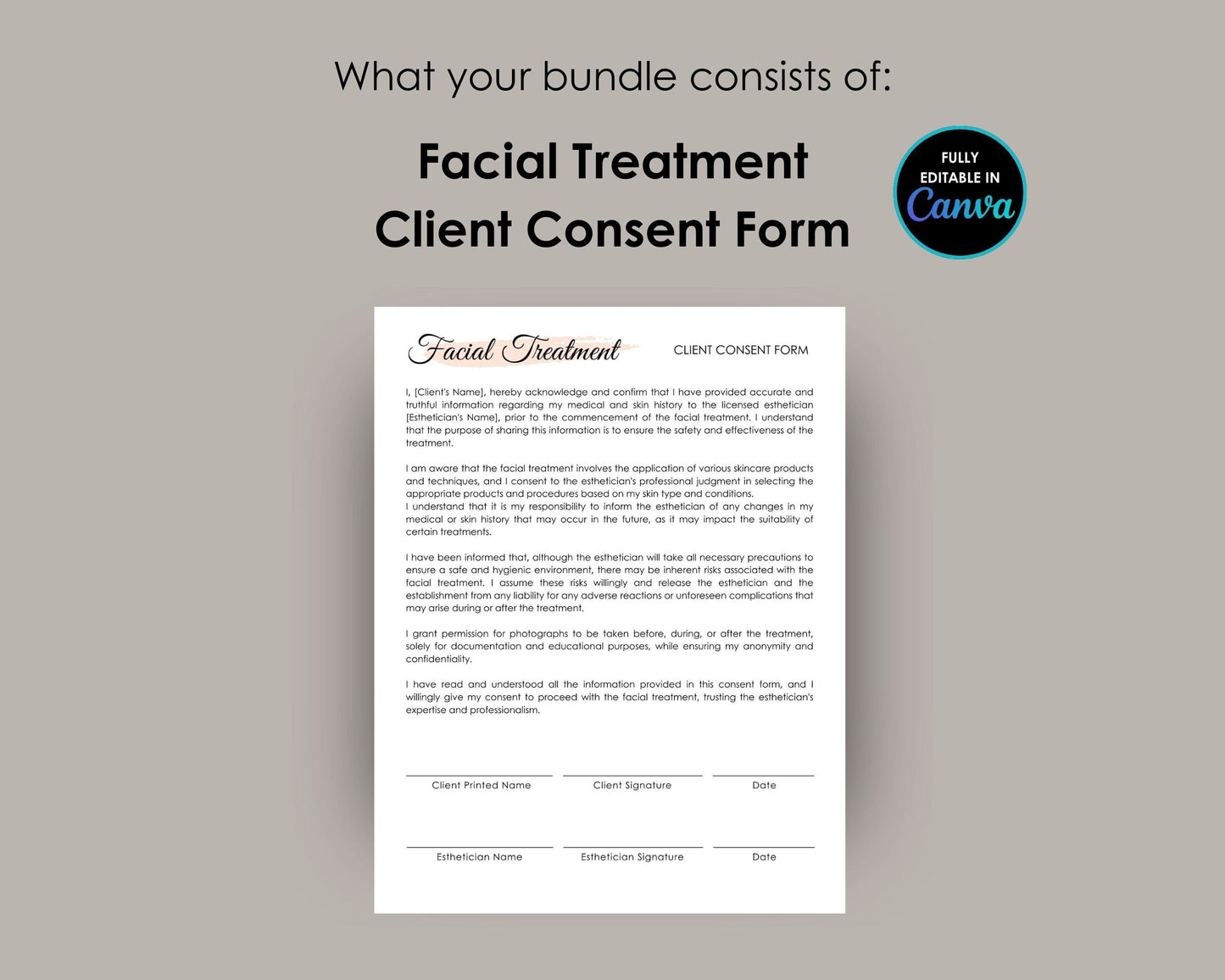 Esthetician Client Consent Form Bundle, Editable in Canva, Printable Facial Treatment Consultation Form, Photo Release Form