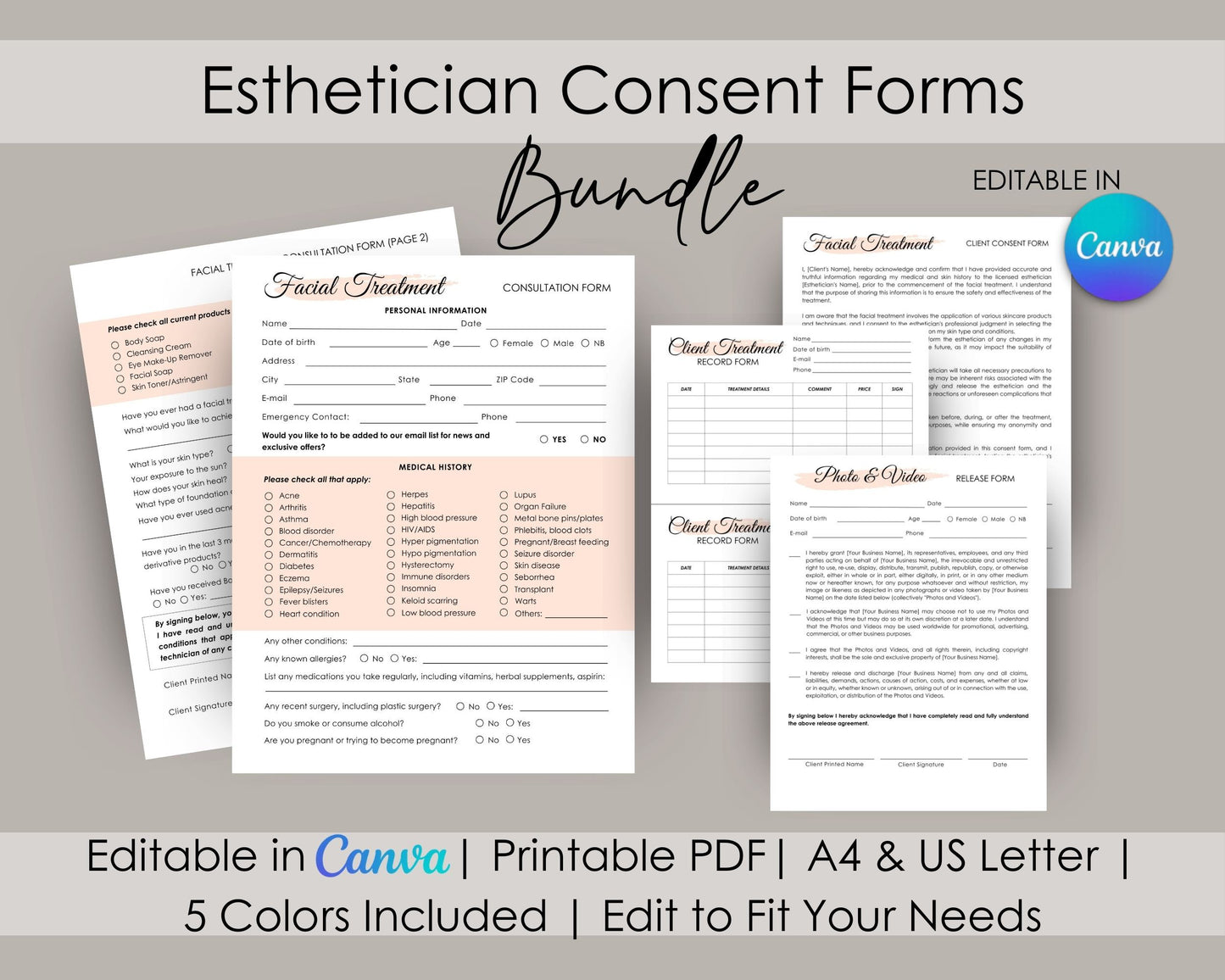 Esthetician Client Consent Form Bundle, Editable in Canva, Printable Facial Treatment Consultation Form, Photo Release Form