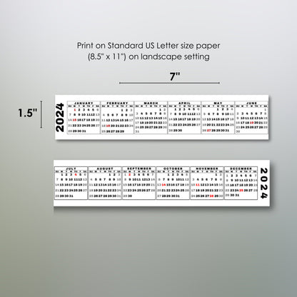 Printable 2024 Mini Desk Calendar, Miniature 2024 Keyboard Calendar Strip for Quick Date Reference, Sunday Start