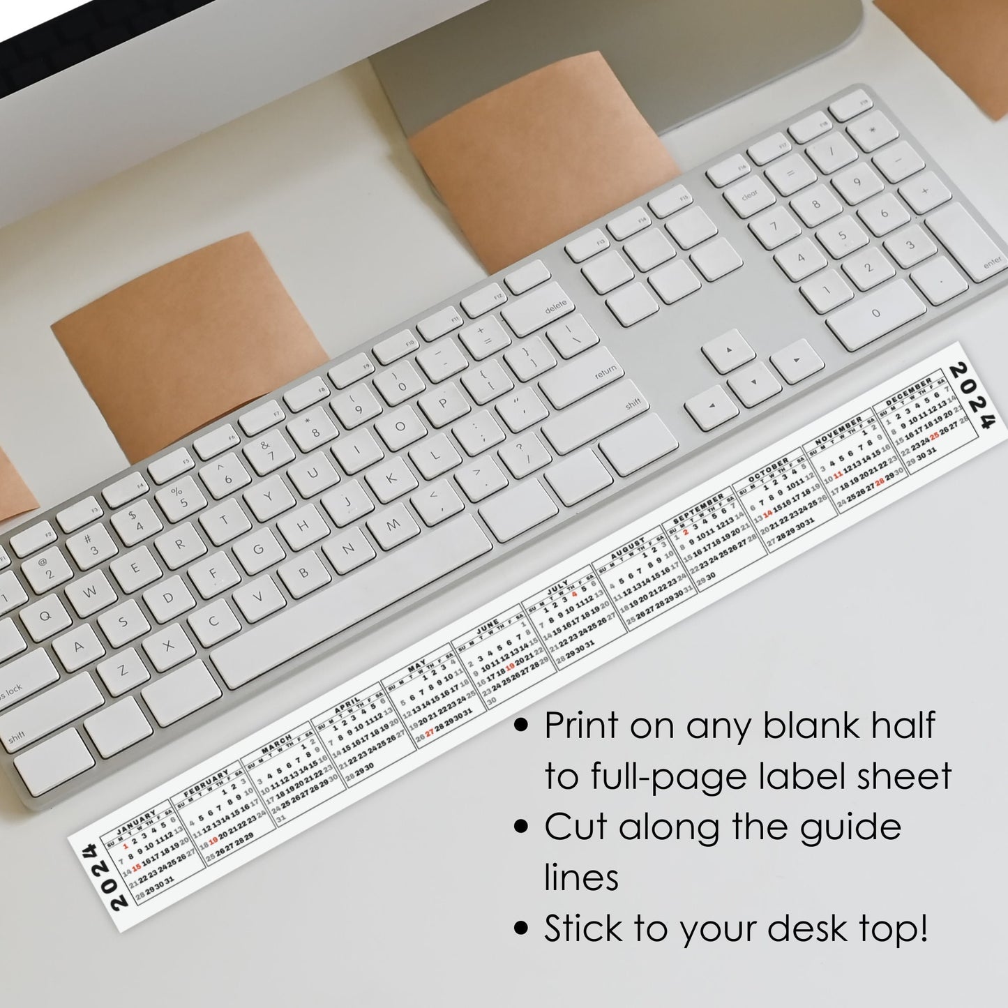 Printable 2024 Mini Desk Calendar, Miniature 2024 Keyboard Calendar Strip for Quick Date Reference, Sunday Start