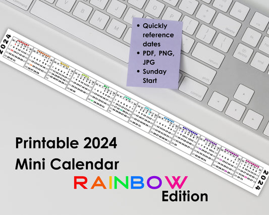 Printable 2024 Mini Desk Calendar, Miniature 2024 Keyboard Calendar Strip in Rainbow, Quick Date Reference, Sunday Start