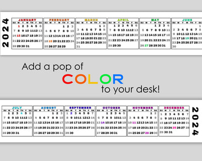 Printable 2024 Mini Desk Calendar, Miniature 2024 Keyboard Calendar Strip in Rainbow, Quick Date Reference, Sunday Start