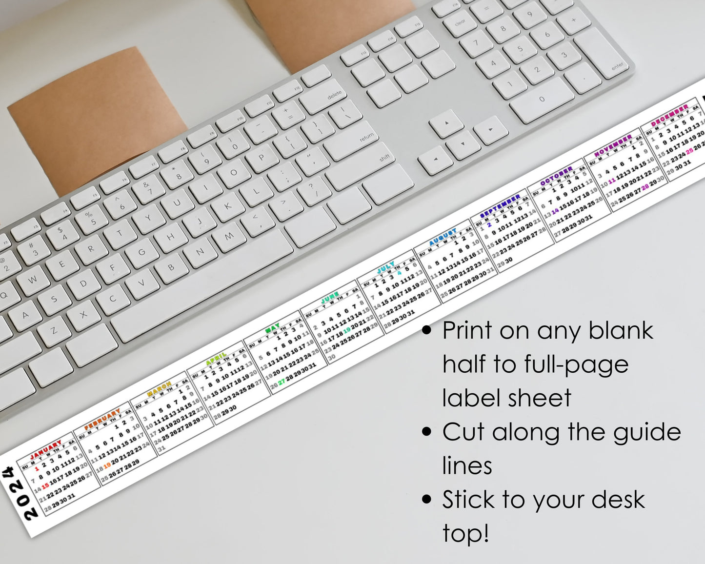 Printable 2024 Mini Desk Calendar, Miniature 2024 Keyboard Calendar Strip in Rainbow, Quick Date Reference, Sunday Start