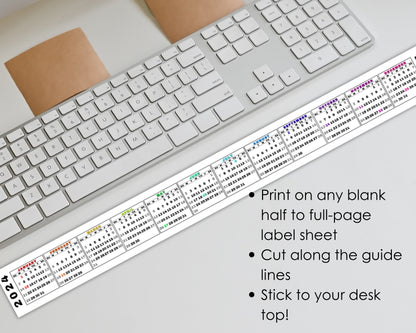 Printable 2024 Mini Desk Calendar, Miniature 2024 Keyboard Calendar Strip in Rainbow, Quick Date Reference, Sunday Start