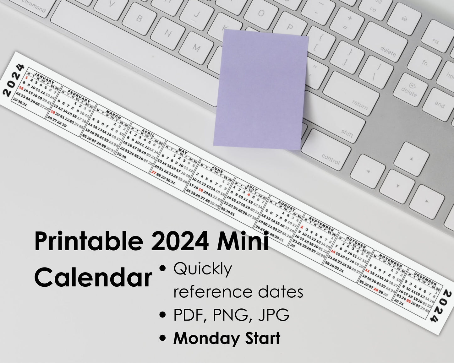 Printable 2024 Mini Desk Calendar, Miniature 2024 Keyboard Calendar Strip for Quick Date Reference, Monday Start