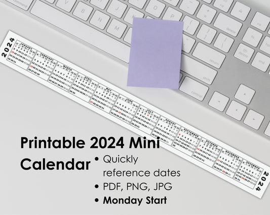 Printable 2024 Mini Desk Calendar, Miniature 2024 Keyboard Calendar Strip for Quick Date Reference, Monday Start