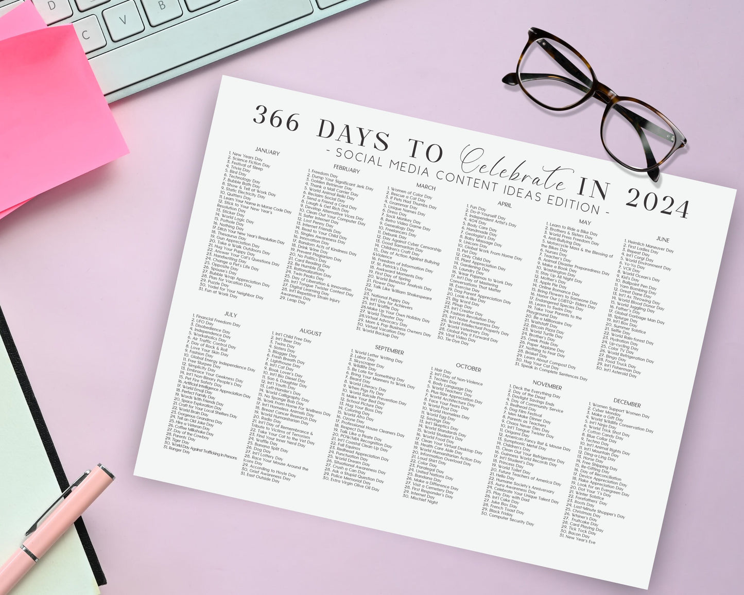 National Days Calendar Printable, 366 Days to Celebrate, Social Media Content Planner, Printable Content Calendar, Event Planner