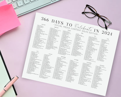 National Days Calendar Printable, 366 Days to Celebrate, Social Media Content Planner, Printable Content Calendar, Event Planner