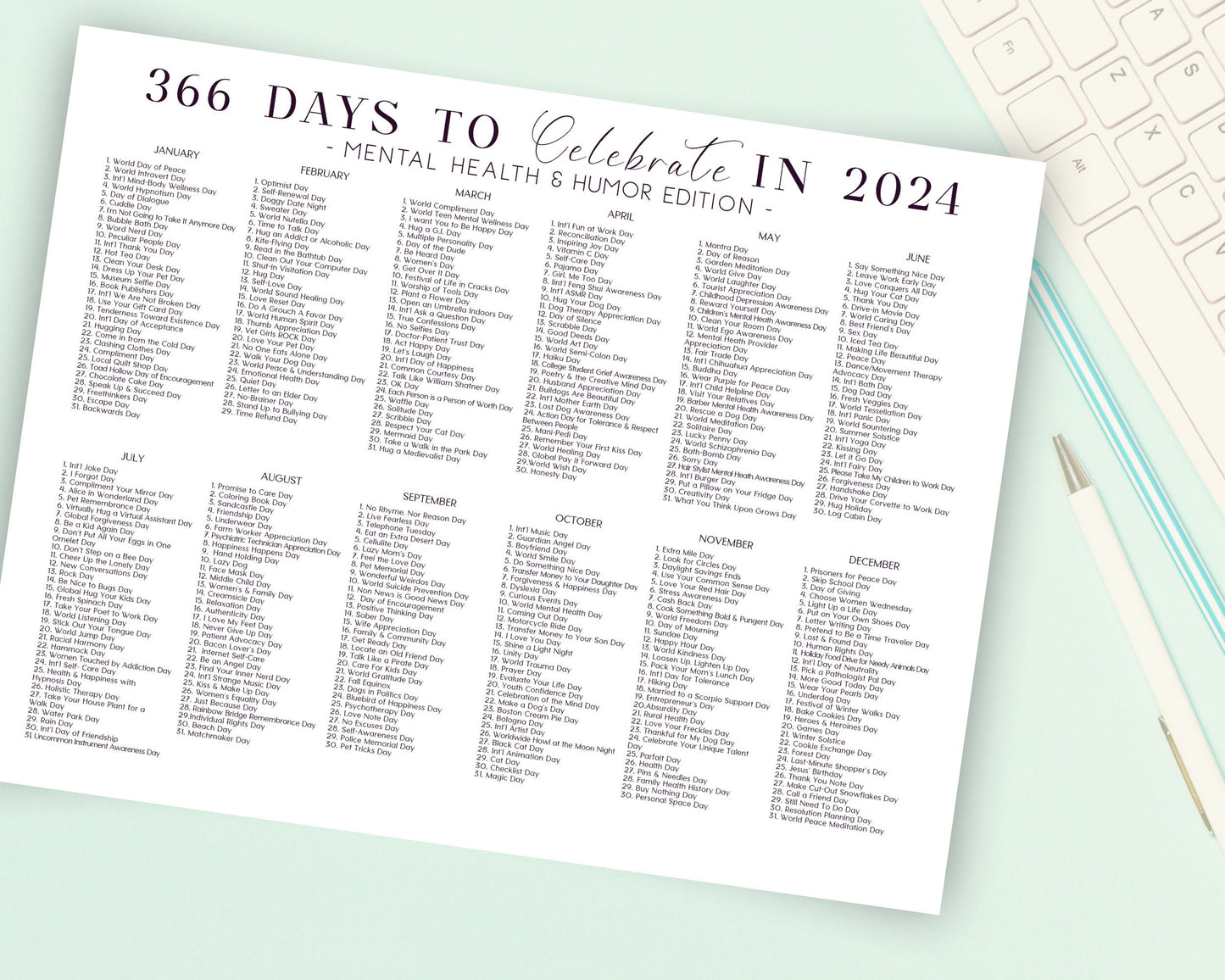 2024 National Days Calendar with Free Monthly Mood Tracker Set for Mental Health Support, Printable Download