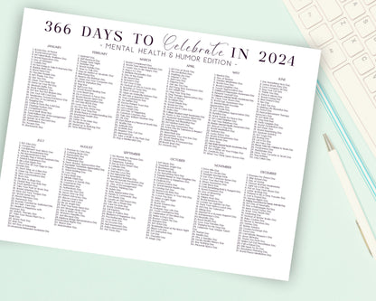 2024 National Days Calendar with Free Monthly Mood Tracker Set for Mental Health Support, Printable Download