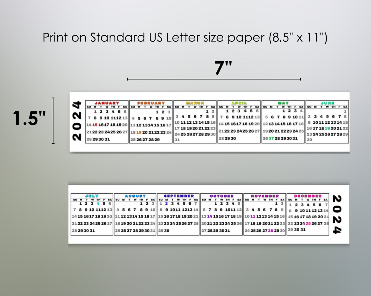 Printable 2024 Mini Desk Calendar, Miniature 2024 Keyboard Calendar Strip in Rainbow, Quick Date Reference, Sunday Start