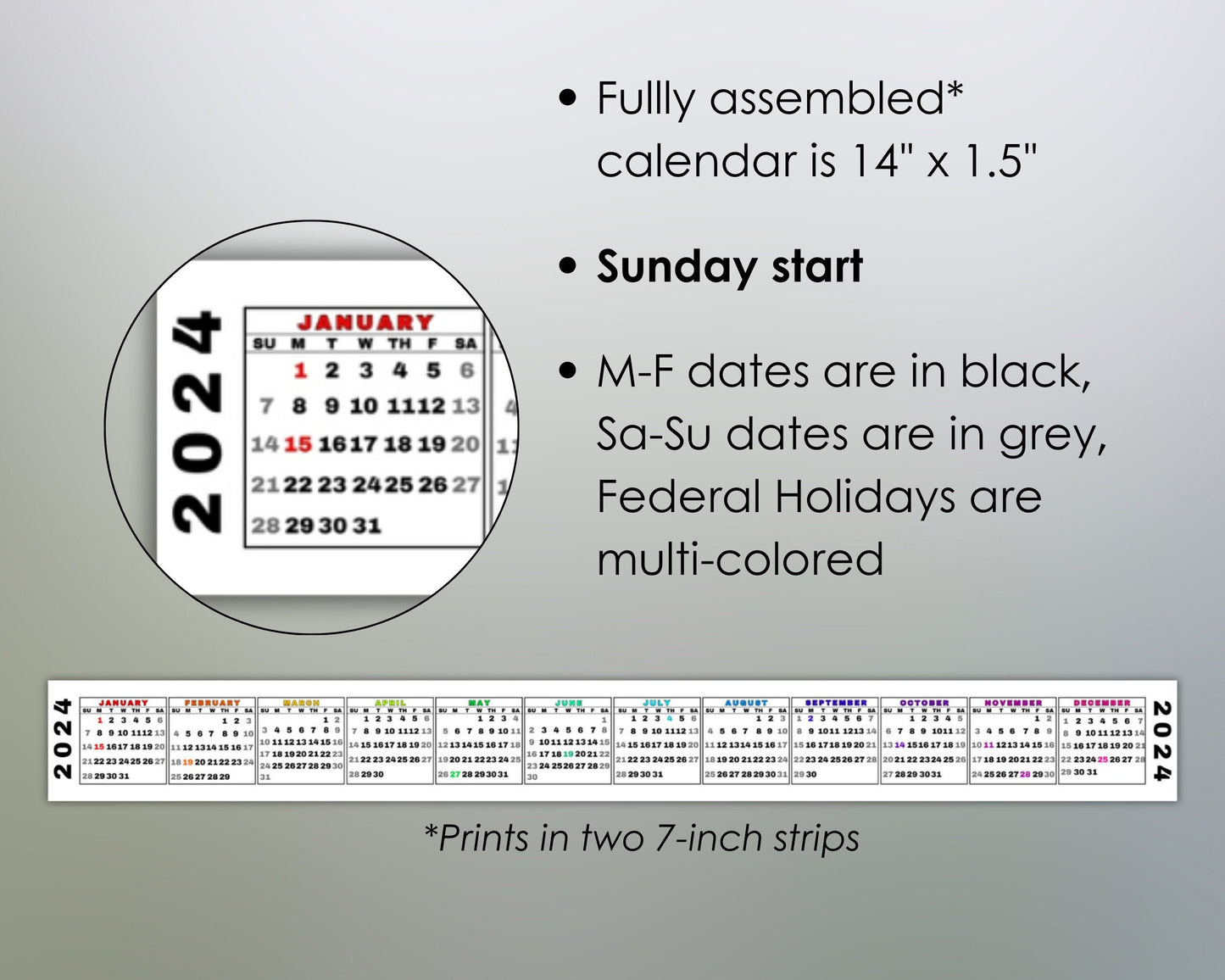 Printable 2024 Mini Desk Calendar, Miniature 2024 Keyboard Calendar Strip in Rainbow, Quick Date Reference, Sunday Start