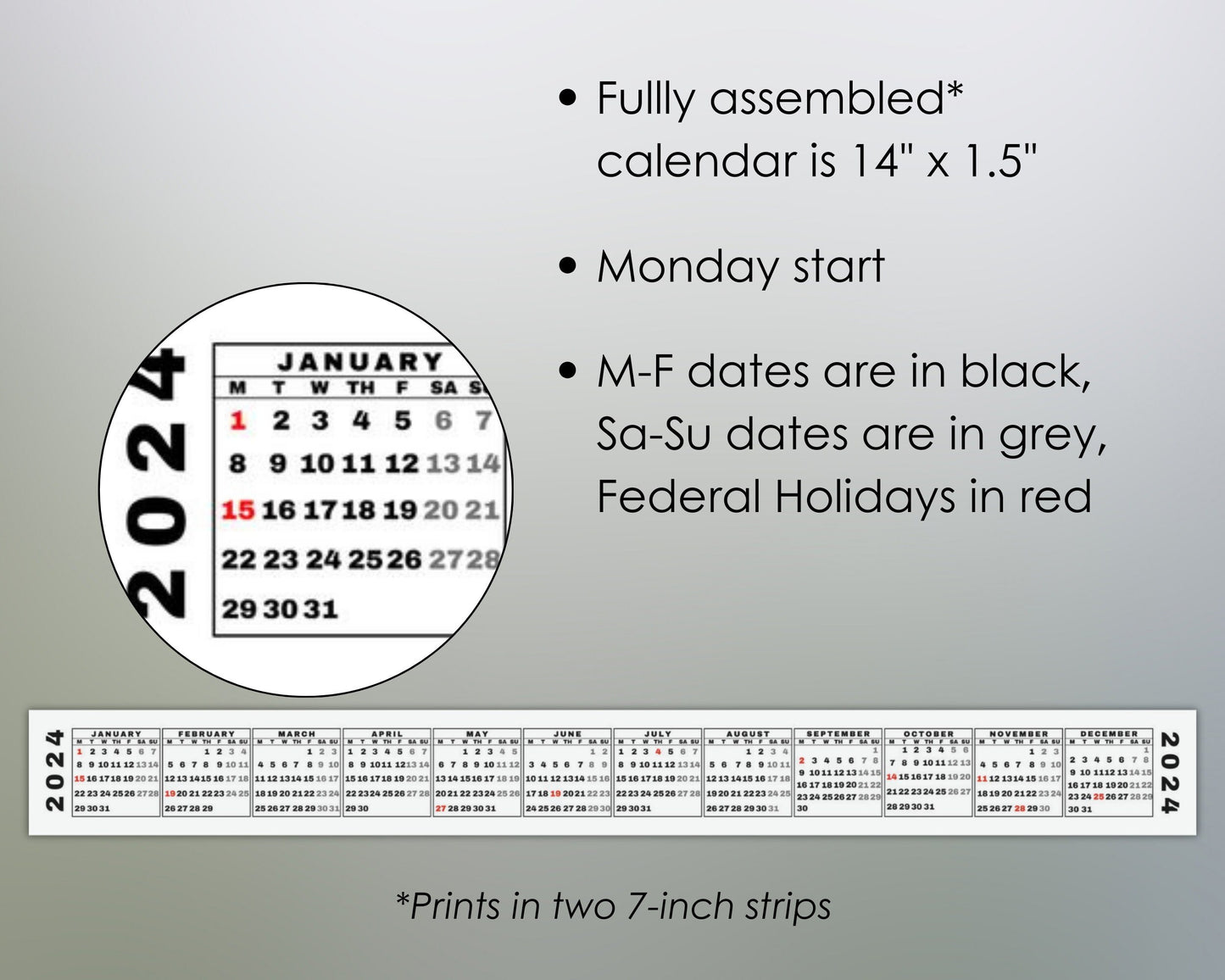 Printable 2024 Mini Desk Calendar, Miniature 2024 Keyboard Calendar Strip for Quick Date Reference, Monday Start