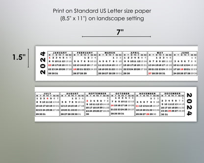 Printable 2024 Mini Desk Calendar, Miniature 2024 Keyboard Calendar Strip for Quick Date Reference, Monday Start