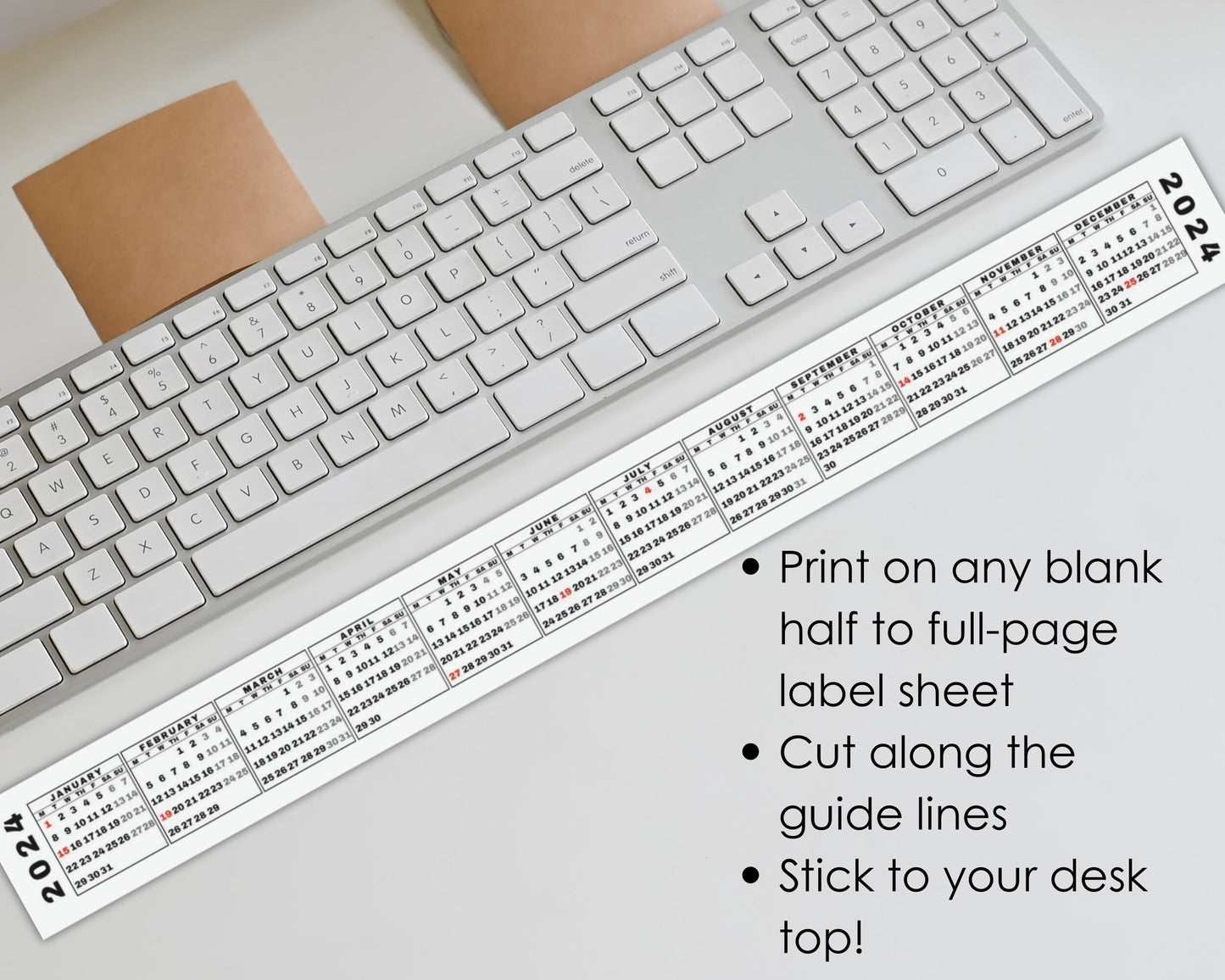 Printable 2024 Mini Desk Calendar, Miniature 2024 Keyboard Calendar Strip for Quick Date Reference, Monday Start