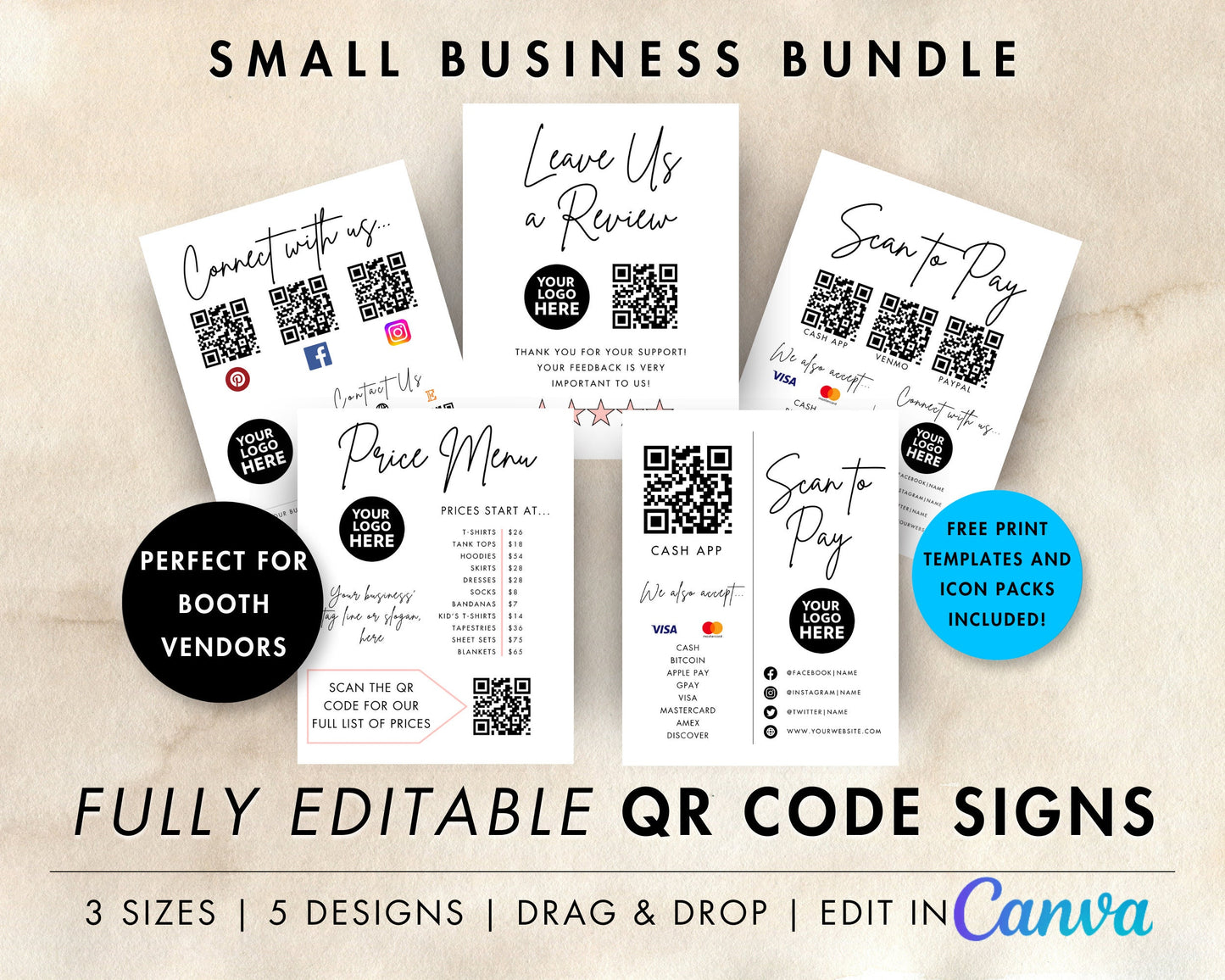 QR Code Small Business Signs, Printable and Editable Scan to Pay Templates, Small Business Vendor Display Sign Bundle, Canva Template