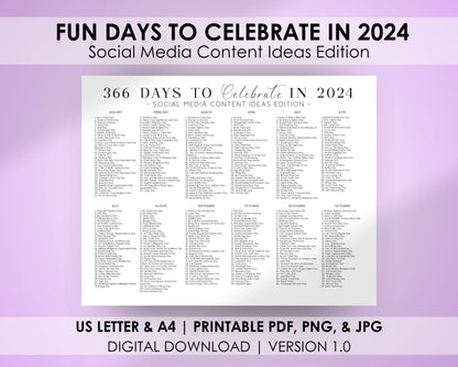 National Days Calendar Printable, 366 Days to Celebrate, Social Media Content Planner, Printable Content Calendar, Event Planner