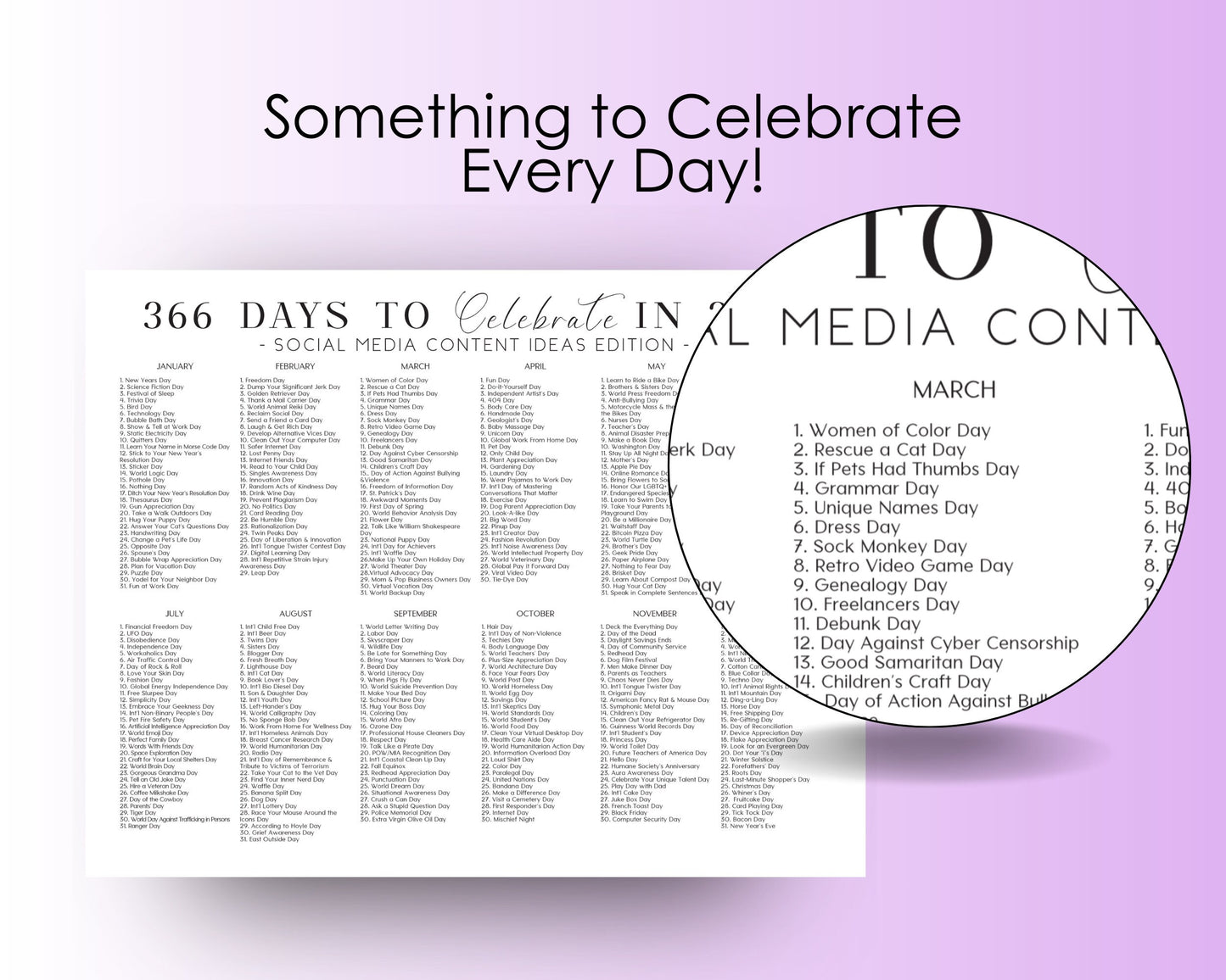 National Days Calendar Printable, 366 Days to Celebrate, Social Media Content Planner, Printable Content Calendar, Event Planner