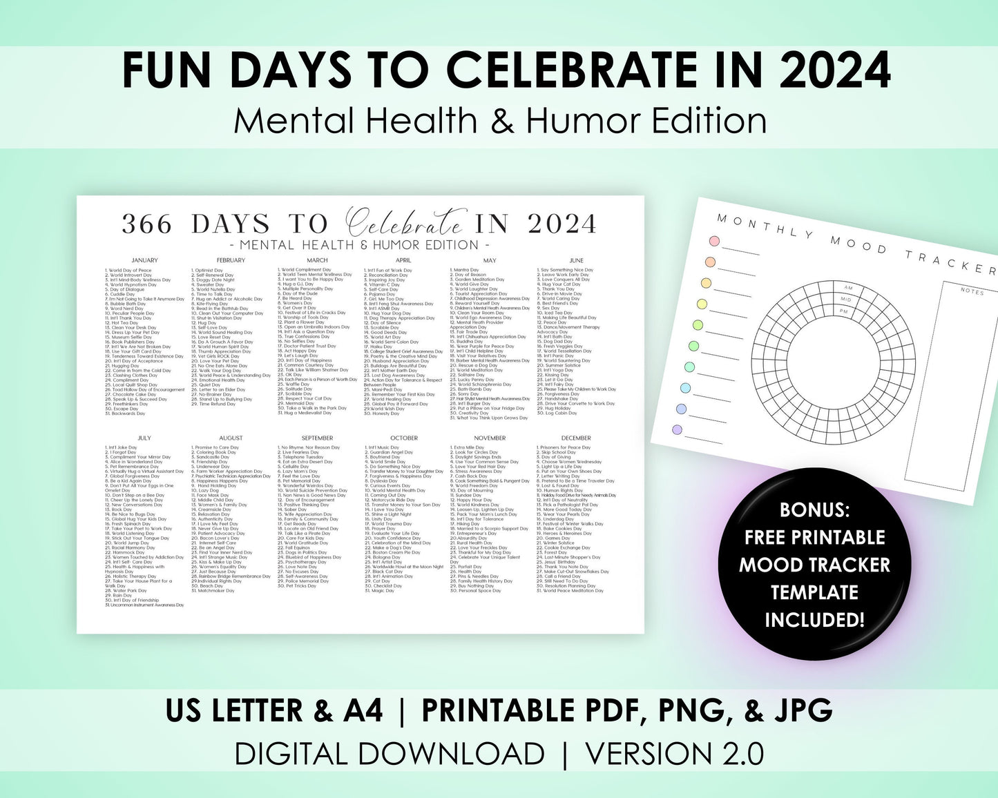 2024 National Days Calendar with Free Monthly Mood Tracker Set for Mental Health Support, Printable Download