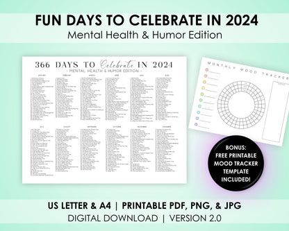 2024 National Days Calendar with Free Monthly Mood Tracker Set for Mental Health Support, Printable Download